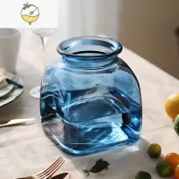 YICHENG客厅方形大花瓶透明插花瓶水培花束欧式彩色花器鱼缸摆件玻璃花瓶 浅蓝色小号