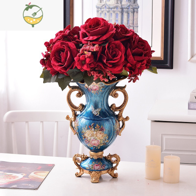 YICHENGA欧式美式家居样板间复古花瓶花器摆件仿真玫瑰绢布花艺装饰摆设 花瓶+手感绒布红花2束