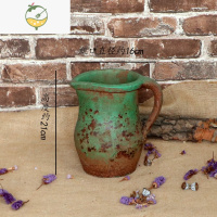 YICHENG粗陶陶罐做旧花盆复古花瓶土陶装饰花器多肉老桩透气红陶干花插花 中号绿铜色3号 底部有孔