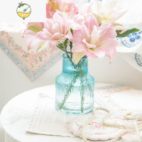 YICHENG复古森林欧式极冻水波纹玻璃花瓶水培植物干鲜花插花器家居摆件 蓝绿