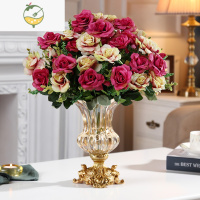 YICHENG欧式水晶玻璃花瓶摆件客厅干花插花茶几装饰品电视柜餐桌水培花器 花瓶配4束紫红花 (仿古金底座)