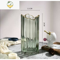YICHENG轻奢欧式简约金边玻璃花瓶透明水养百合花瓶鲜花插花花器创意摆件 波浪口竖条金边(绿色)小号 中等