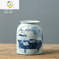 YICHENG手绘青花瓷景德镇中式陶瓷花瓶花器花盆花插陶罐插花摆件复古怀旧 手绘猫咪拂案