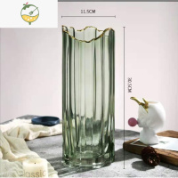 YICHENG轻奢欧式简约金边玻璃花瓶透明水养百合花瓶鲜花插花花器创意摆件 波浪口竖条金边(绿色)大号 中等