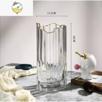 YICHENG轻奢欧式简约金边玻璃花瓶透明水养百合花瓶鲜花插花花器创意摆件 波浪口竖条金边(透明)小号 中等