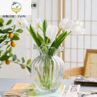 YICHENG韩国ins田园风波浪口玻璃花瓶创意客厅透明水养鲜花民宿网红花器 22C花瓶+仿真郁金香白色5支