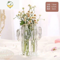 YICHENG网红玻璃花瓶仙人掌透明水养冰川竖纹插花器欧式ins客厅餐桌摆件. 仙人掌