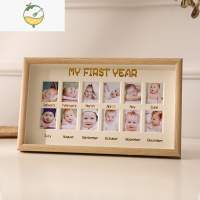 YICHENG宝宝周岁成长纪念相框摆台儿童照片记录创意生日礼物宫格相册挂墙 原木色中空款[first year] 相框(