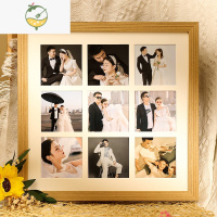 YICHENG九宫格照片打印加相框diy定制拼图实木挂墙摆台情侣婚纱照礼物 原木色+九宫格相框[33*33cm] 宫格相