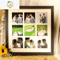 YICHENG九宫格照片打印加相框diy定制拼图实木挂墙摆台情侣婚纱照礼物 黑木纹+九宫格相框[33*33cm] 宫格相
