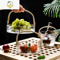YICHENG玻璃水果盘客厅家用2022新款轻奢风茶几果盘藤编手提果篮 玻璃果盘三件套
