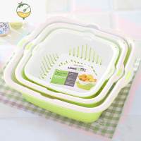 YICHENG多功能双层沥水篮洗菜蓝子塑料盆客厅汲厨房器水果盘大号筐家用 绿色大中小3件套[6个盆 超市同款]