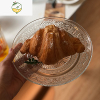 YICHENGins高颜值玻璃盘 复古浮雕花纹玻璃碟早餐盘果盘零小食碟平盘圆形 玻璃珍珠平盘 直径15cm
