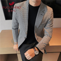 富贵鸟(FUGUINIAO)帅气休闲千鸟格西服外套男修身西装上衣单西服黑白格