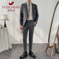 富贵鸟(FUGUINIAO)格子西装套装男修身韩版潮流帅气休闲时尚英伦风外套西服