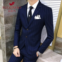 富贵鸟(FUGUINIAO)西服套装男三件套条纹休闲小西装韩版修身正装新郎帅气结婚礼服潮