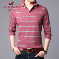 富贵鸟(FUGUINIAO)2021新款中年男士长袖T恤男休闲条纹翻领T恤秋装