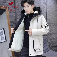 富贵鸟(FUGUINIAO)冬季外套男韩版潮流加绒加厚棉衣中长款风衣2021新款秋冬连帽夹克