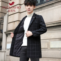 富贵鸟(FUGUINIAO)2021新款秋冬季格子呢子风衣外套男士休闲西装修身商务毛呢大衣潮