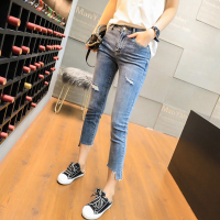 2021新款大码春季高腰弹力牛仔裤女200斤胖妹妹胯大腿粗显瘦裤子 蓝色七分 S码(80-90斤)