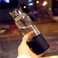 高颜值女生水杯闪电狐时尚玻璃杯可爱潮流女学生卡通泡花茶水杯 闪电狐钻石蓝 350ml