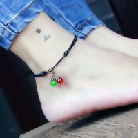 远方情时尚古风脚链手工编织简约日韩四叶草脚环女生个性脚饰A12 复古绿红珠脚链