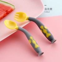 宝宝餐具专用学吃饭训练筷子硅胶软叉勺套装弯头扭扭勺全套防摔 洛克黄送收纳盒