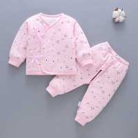 新生婴幼儿秋冬新款夹棉加厚保暖内衣套装宝宝冬装棉衣童装两件套 小熊-系带-粉 59cm(0-3月)