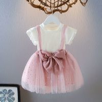 女宝宝两件套洋气连衣裙短袖背带裙公主裙纱裙2021夏季韩女童套装 NNqueen粉色 [款式偏小] 80 [适合73-8