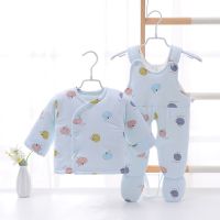婴儿棉衣套装秋冬季加厚新生儿棉服包脚背带棉裤宝宝冬季衣服 B款蓝包脚 66
