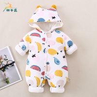 婴儿秋冬季外出服加厚连体衣新生儿棉衣外穿刚出生男宝宝女拜年服 白底水果/对襟 73