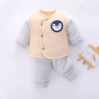婴儿棉衣套装加厚冬季0-8个月男女宝宝保暖衣棉袄冬装棉服两件套 时尚格子卡其圆领 50码(0-3个月)