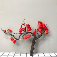 中式仿真梅花枝腊梅假花干花桌面摆设家居客厅玄关装饰花花艺摆件 盆景梅花大红色一束(不含盆)