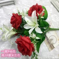 仿真花[百合花玫瑰花组合]塑料花假花绢花客厅家居餐桌装饰摆设 无盆 一束花[红色]