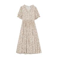 2021春秋新品大码女装胖mm韩版中长款收腰显瘦V领碎花雪纺连衣裙 杏色 XL-建议130-150斤