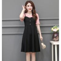 大码女装雪纺连衣裙2021夏季短袖假两件拼接遮肚显瘦时尚A字裙潮 粉红色 暗粉 L 建议115斤以下