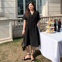 大码女装夏200斤连衣裙女2021新款宽松胖妹妹遮肚显瘦中长款裙子 黑色 L 建议[100-120斤]