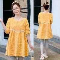 孕妇装春装套装时尚款潮2021年新款春秋上衣女孕晚期小个子连衣裙 3019黄格 M 90-115斤