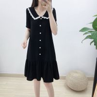 2021夏季新款连衣裙蕾丝花边海军领纽扣雪纺裙显瘦短袖中长裙子女 黑色 S 90-100斤