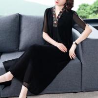 贵夫人2021新款网纱绣花连衣裙夏装洋气显瘦宽松大码遮肚子雪纺裙 黑色(6099) L 95-115斤