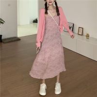 V领吊带连衣裙女夏季初恋裙子2021新款法式复古设计感碎花长裙子 粉色开衫 S[95斤以下]