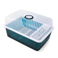 厨房碗筷收纳盒大号塑料碗柜翻盖式沥水碗架家用带盖装碗箱置物架 超大号墨蓝色