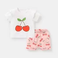 咔咔熊猫婴儿衣服卡通短袖短裤套装夏幼儿男童女宝宝两件套Y6892 白色樱桃 73CM