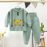 儿童内衣彩棉套装男女宝秋衣秋裤高腰护肚裤婴春秋款儿童装睡衣裤 暗绿小熊 73 体重18斤斤左右(可开档)