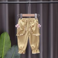 女童裤子春秋款0-4岁婴儿童装女宝宝秋装宽松长裤小童洋气休闲裤 黄色 口袋花边七分裤 73 对应身高58-65CM