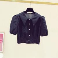 2021夏季新款时尚百搭泡泡袖翻领收腰短款衬衣女高腰短袖雪纺上衣 黑色 XXS 小礼品