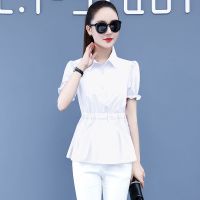 短袖雪纺衬衣夏季新款韩版显瘦遮肚气质百搭修身衬衣女上衣小衫 ZJL22短袖无带子白色 S 80-100