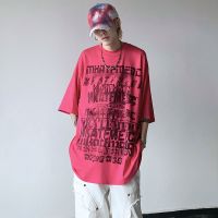 韩版夏季涂鸦复古性冷淡古着风字母印花短袖t恤男女高街半袖上衣 玫红色 S