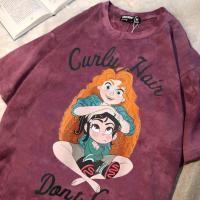 美式潮牌扎染卡通短袖T恤夏季新款情侣装宽松百搭国潮流学生上衣 2113#红色 S 适合60-85斤