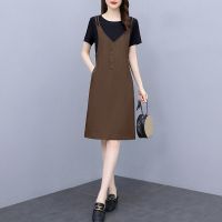 大码女装假两件套装时尚洋气减龄妈妈装遮肚遮肉显瘦中长款连衣裙 咖啡色 M[建议100斤以下]